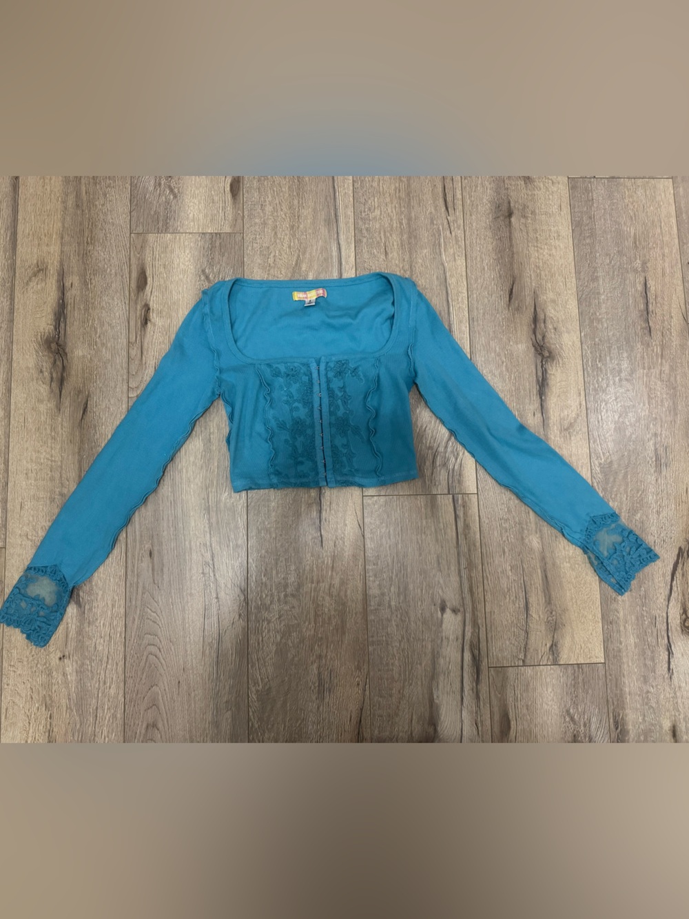 Urban Outfitters Teal Lace-Trim Long Sleeve Top